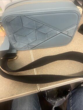Blue Crossbody Camera Bag with Geometric Suede Panel